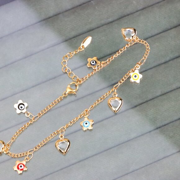 "Evil Eye Flower & Heart Charm Rose Gold Anklet, XPAL1190 - Picture 10 of 12